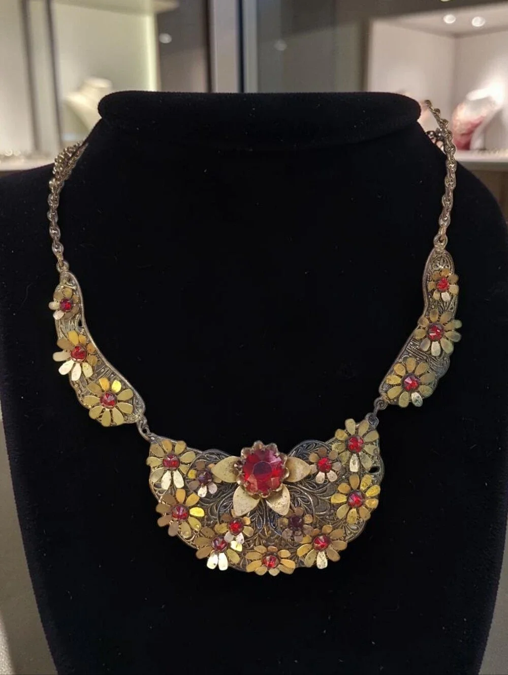Antique Victorian Red Czech Glass Floral Necklace
